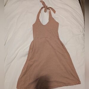 Pact Organic Cotton Fit And Flare Striped Halter Neck Dress Medium. Tan White